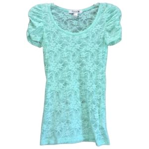 FOREVER 21 Seafoam Green Sheer Lace Top Ruched Short Sleeve Juniors Size Small